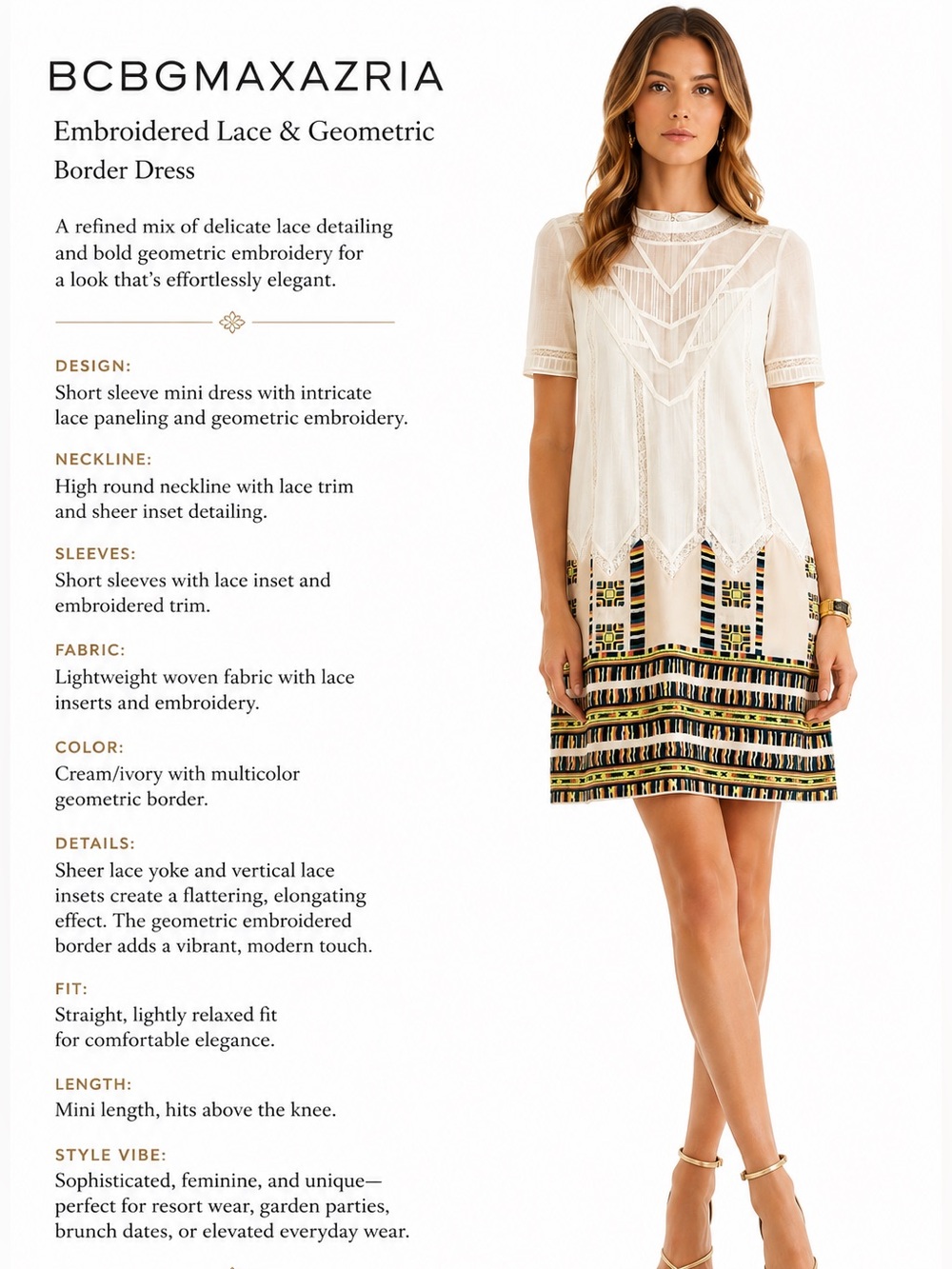 BCBGMAXAZRIA Runway Embroidered Lace & Geometric Border Dress - Picture 13 of 16